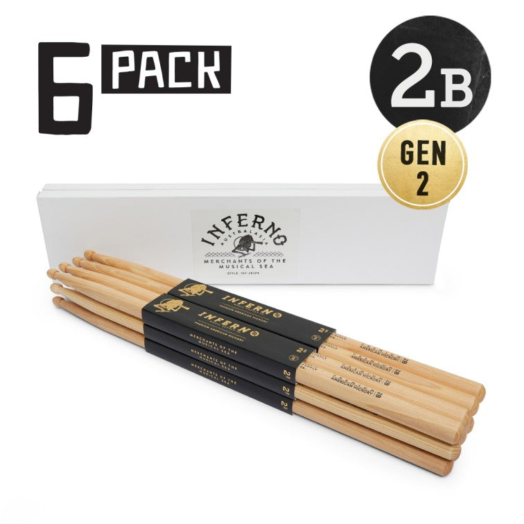 INFERNO MUSIC DRUMSTICKS 2B AMERICAN HICKORY 6 PACK GEN2 DRUMSTICKS