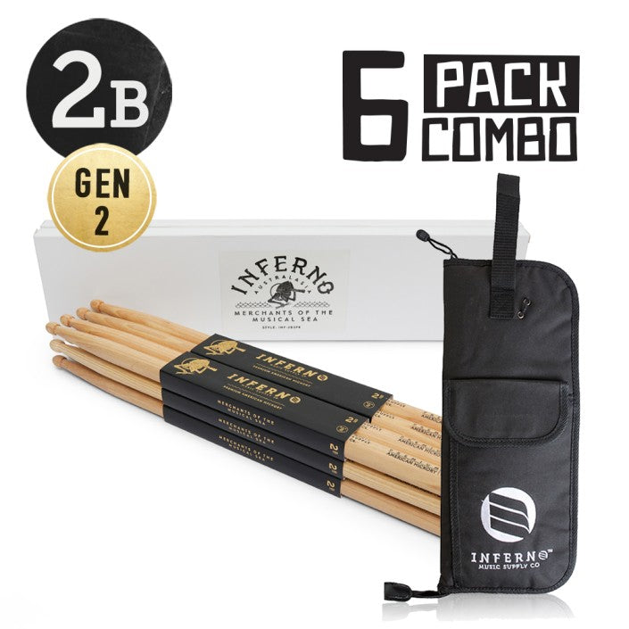 INFERNO MUSIC DRUMSTICKS 2B AMERICAN HICKORY 6 PACK DRUMSTICKS & PADDED BAG