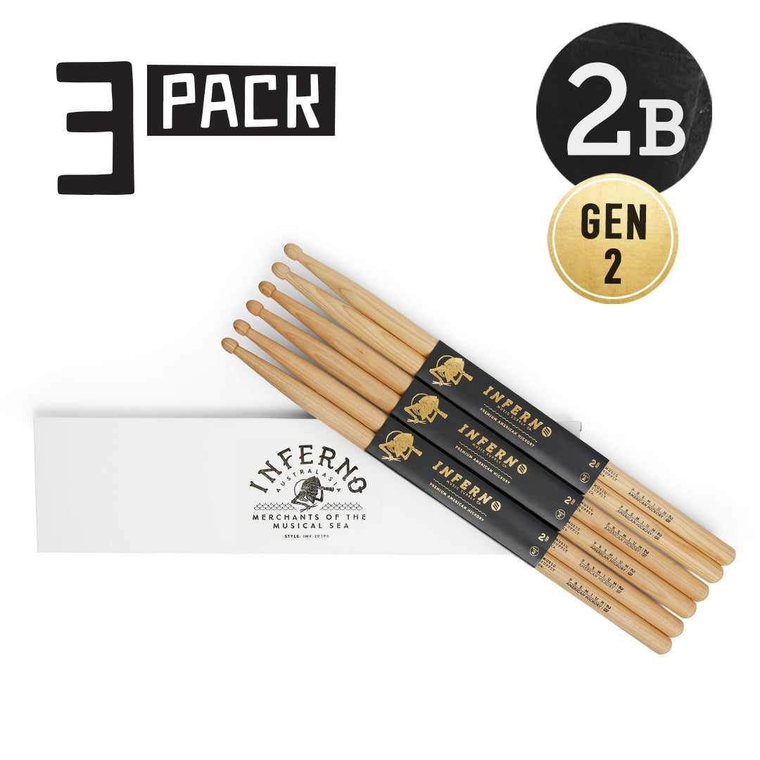 INFERNO MUSIC DRUMSTICKS 2B AMERICAN HICKORY 3 PACK GEN2 DRUMSTICKS