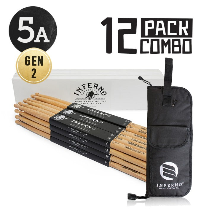 INFERNO MUSIC DRUMSTICKS 5A AMERICAN HICKORY 12 PACK DRUMSTICKS & PADDED BAG