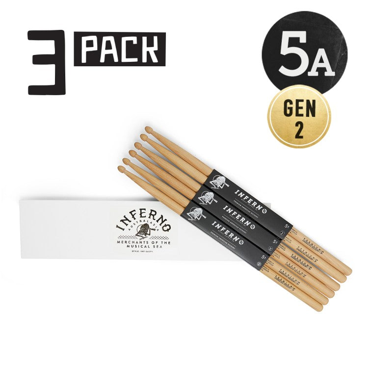 INFERNO MUSIC DRUMSTICKS 5A AMERICAN HICKORY 3 PACK GEN2 DRUMSTICKS