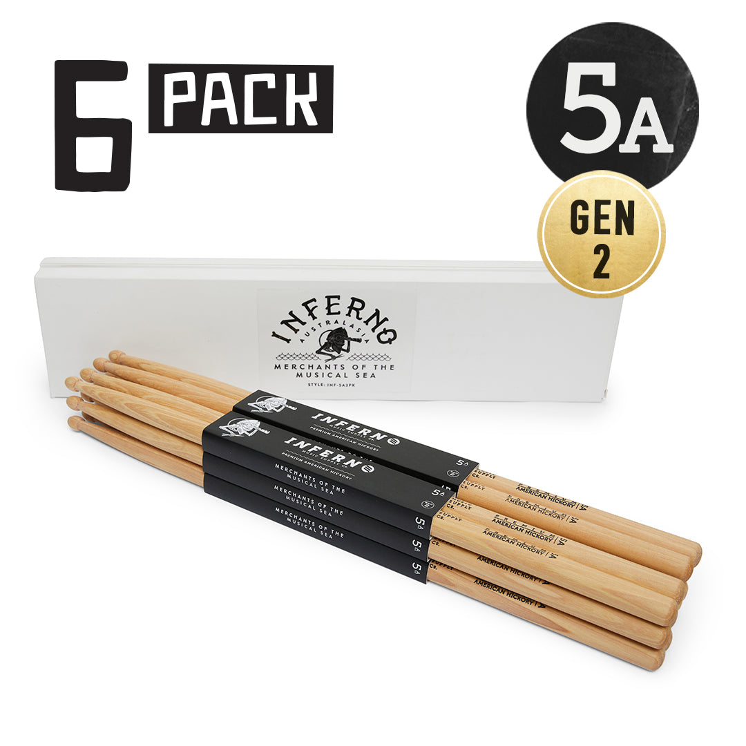 INFERNO MUSIC DRUMSTICKS 5A AMERICAN HICKORY 6 PACK GEN2 DRUMSTICKS