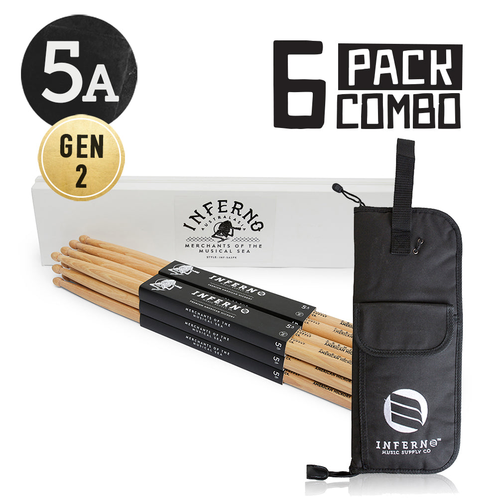 INFERNO MUSIC DRUMSTICKS 5A AMERICAN HICKORY 6 PACK DRUMSTICKS & PADDED BAG