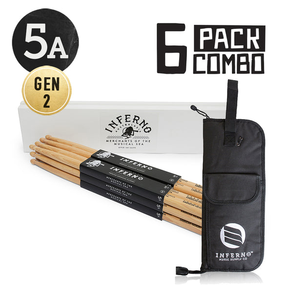 INFERNO MUSIC DRUMSTICKS 5A AMERICAN HICKORY 6 PACK DRUMSTICKS & PADDED BAG