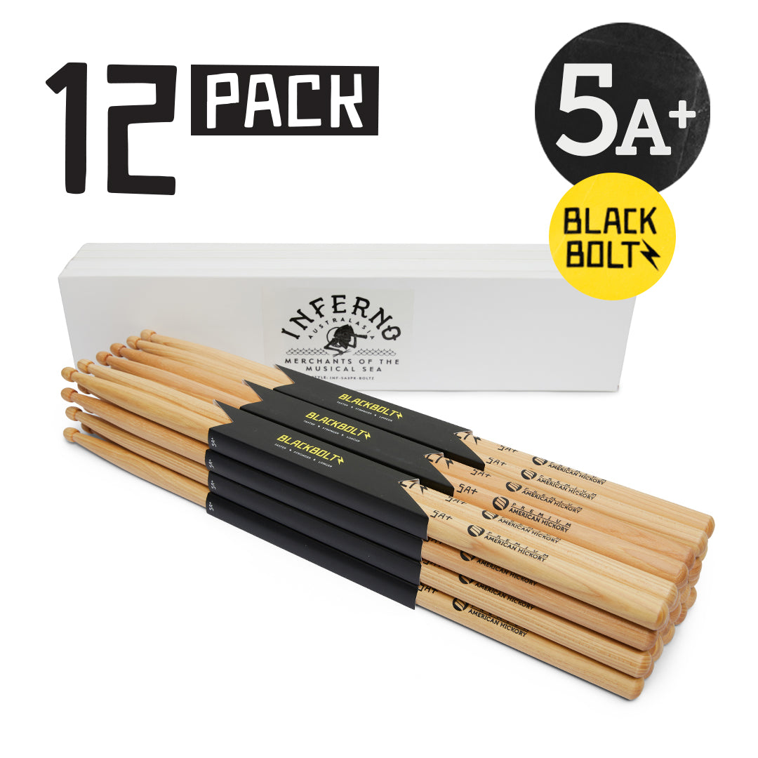 INFERNO MUSIC DRUMSTICKS 5A+ BLACK BOLTZ AMERICAN HICKORY 12 PACK DRUMSTICKS