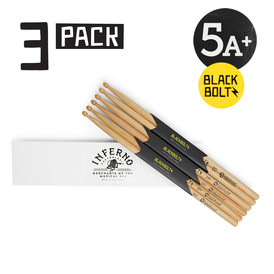 INFERNO MUSIC DRUMSTICKS 5A+ BLACK BOLTZ AMERICAN HICKORY 3 PACK DRUMSTICKS