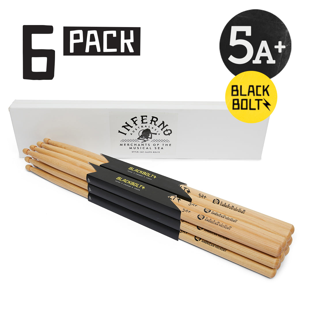 INFERNO MUSIC DRUMSTICKS 5A+ BLACK BOLTZ AMERICAN HICKORY 6 PACK DRUMSTICKS