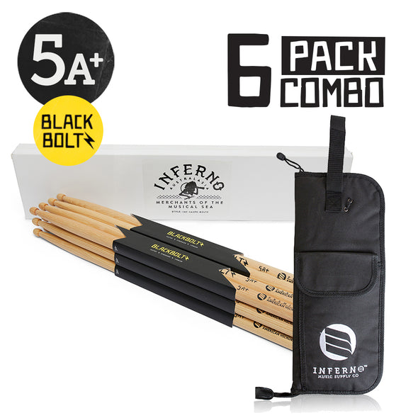 INFERNO MUSIC DRUMSTICKS 5A+ BLACK BOLTZ AMERICAN HICKORY 6 PACK & PADDED BAG