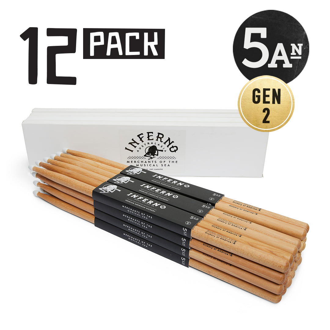 INFERNO MUSIC 5AN NYLON AMERICAN HICKORY 12 PACK GEN2 DRUMSTICKS