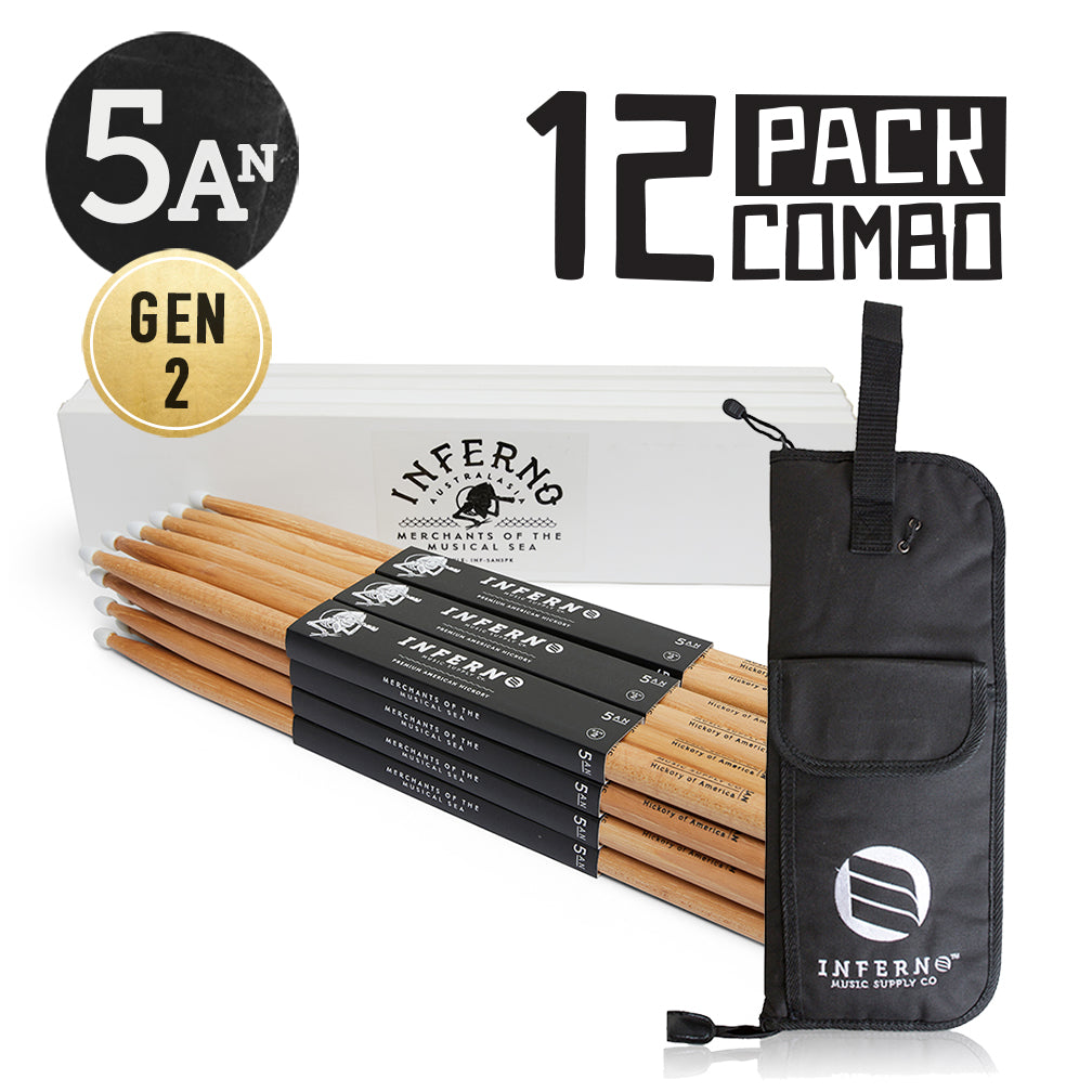 INFERNO MUSIC 5AN NYLON AMERICAN HICKORY 12 PACK GEN2 DRUMSTICKS & PADDED STICK BAG