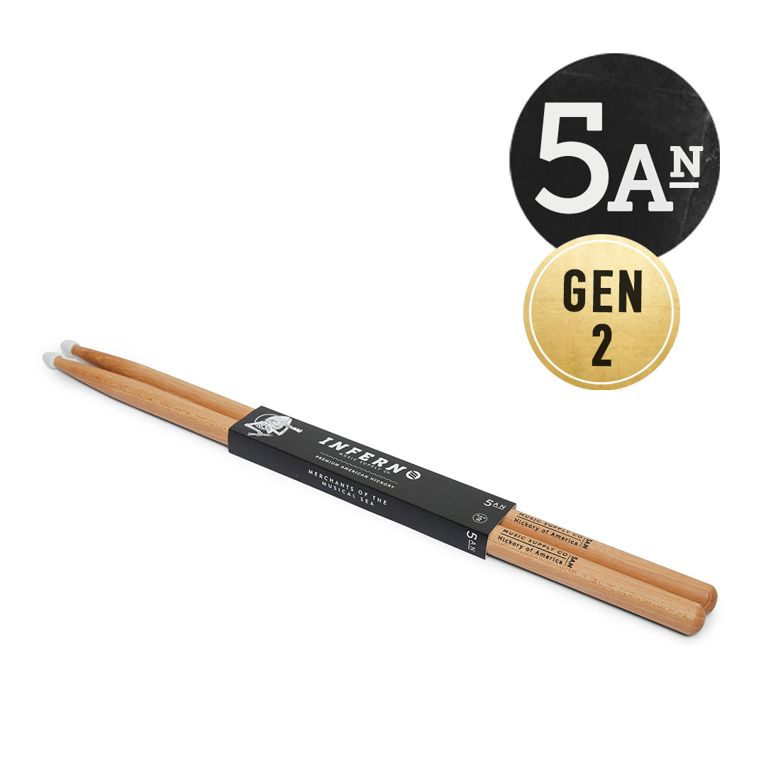 INFERNO MUSIC 5AN NYLON A GRADE AMERICAN HICKORY GEN2 DRUMSTICKS