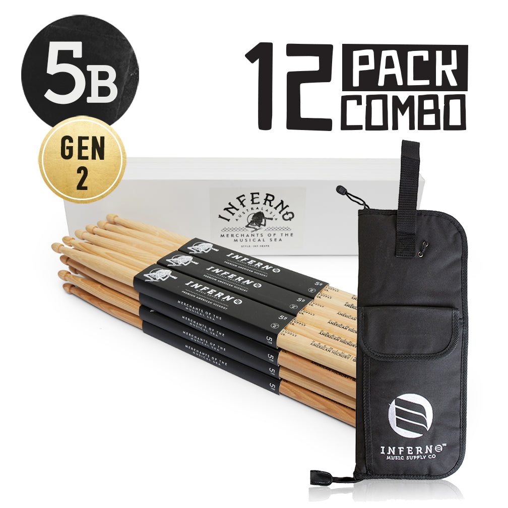 INFERNO MUSIC DRUMSTICKS 5B AMERICAN HICKORY 12 PACK DRUMSTICKS & PADDED BAG