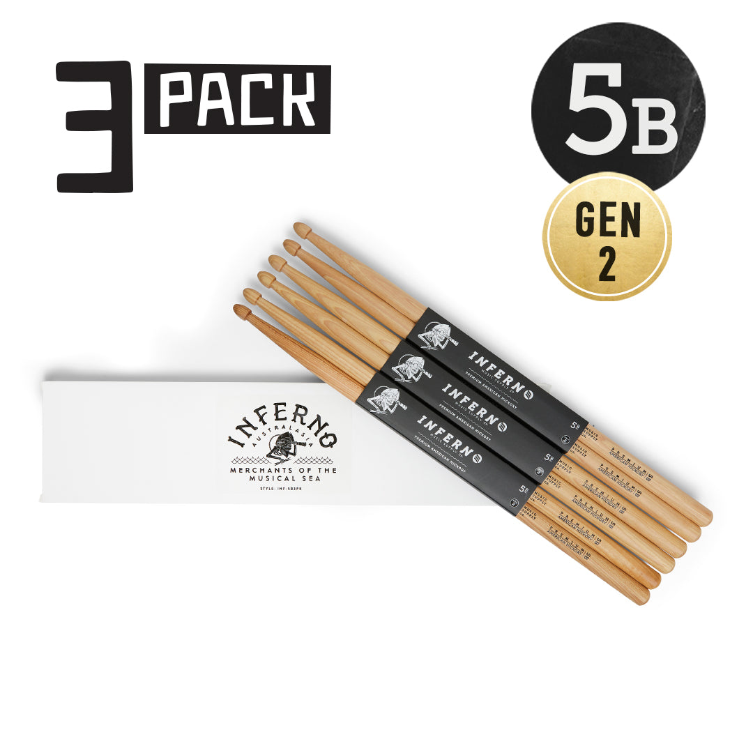 INFERNO MUSIC DRUMSTICKS 5B AMERICAN HICKORY 3 PACK GEN2 DRUMSTICKS