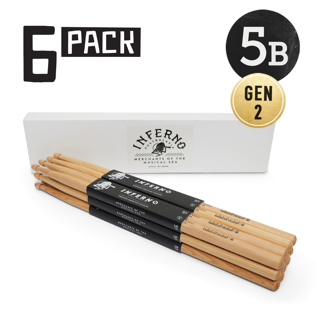 INFERNO MUSIC DRUMSTICKS 5B AMERICAN HICKORY 6 PACK GEN2 DRUMSTICKS