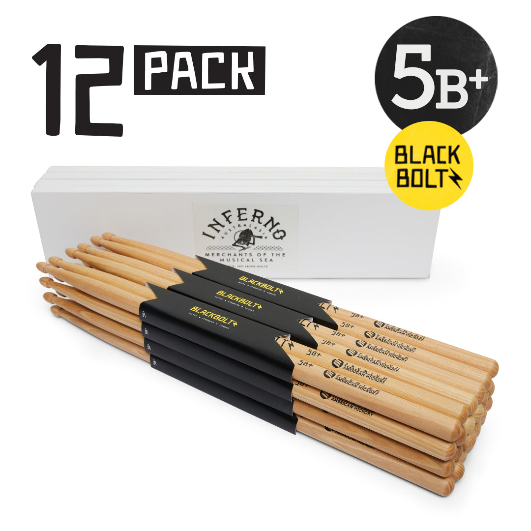 INFERNO MUSIC DRUMSTICKS 5B+ BLACK BOLTZ AMERICAN HICKORY 12 PACK DRUMSTICKS