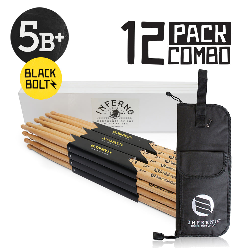 INFERNO MUSIC DRUMSTICKS 5B+ BLACK BOLTZ AMERICAN HICKORY 12 PACK & PADDED BAG