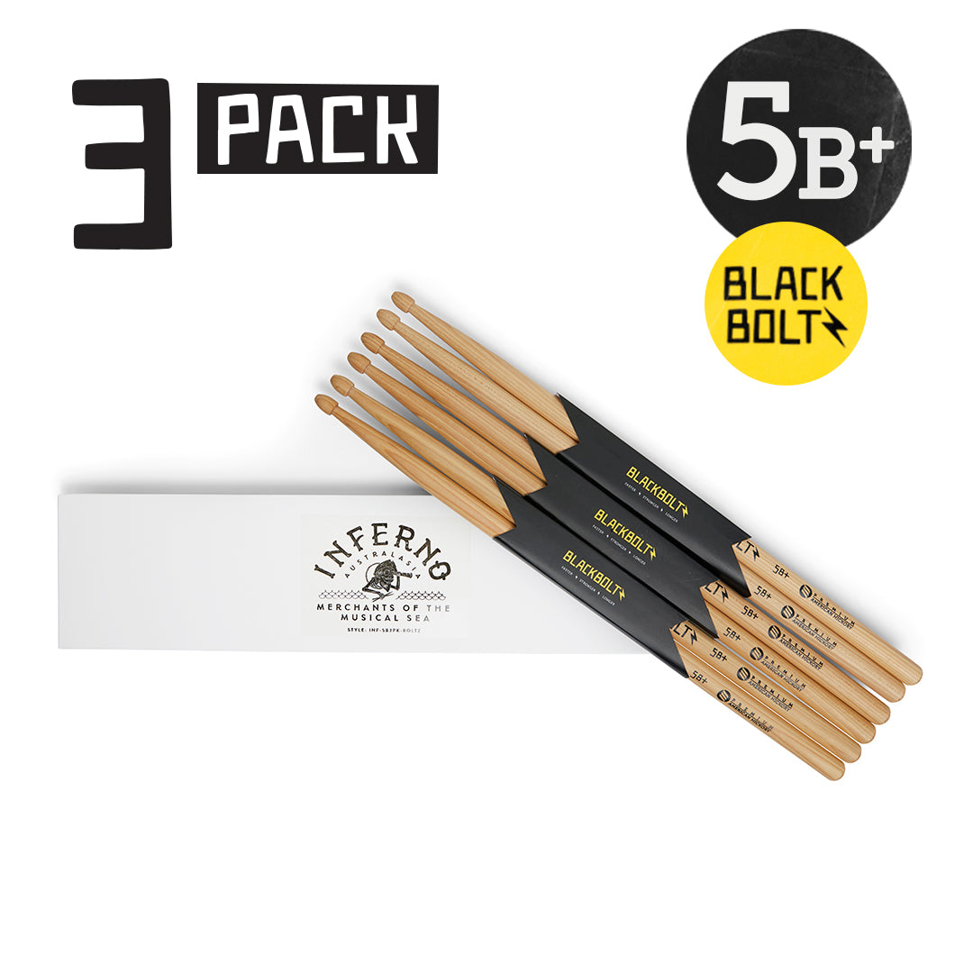 INFERNO MUSIC DRUMSTICKS 5B+ BLACK BOLTZ AMERICAN HICKORY 3 PACK DRUMSTICKS