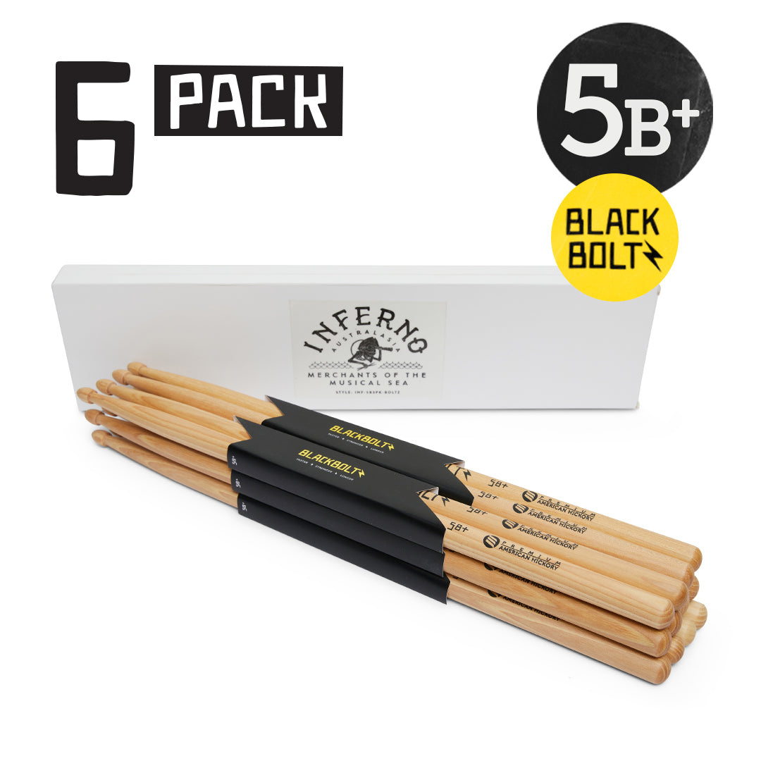 INFERNO MUSIC DRUMSTICKS 5B+ BLACK BOLTZ AMERICAN HICKORY 6 PACK DRUMSTICKS