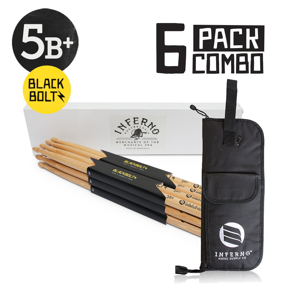 INFERNO MUSIC DRUMSTICKS 5B+ BLACK BOLTZ AMERICAN HICKORY 6 PACK & PADDED BAG