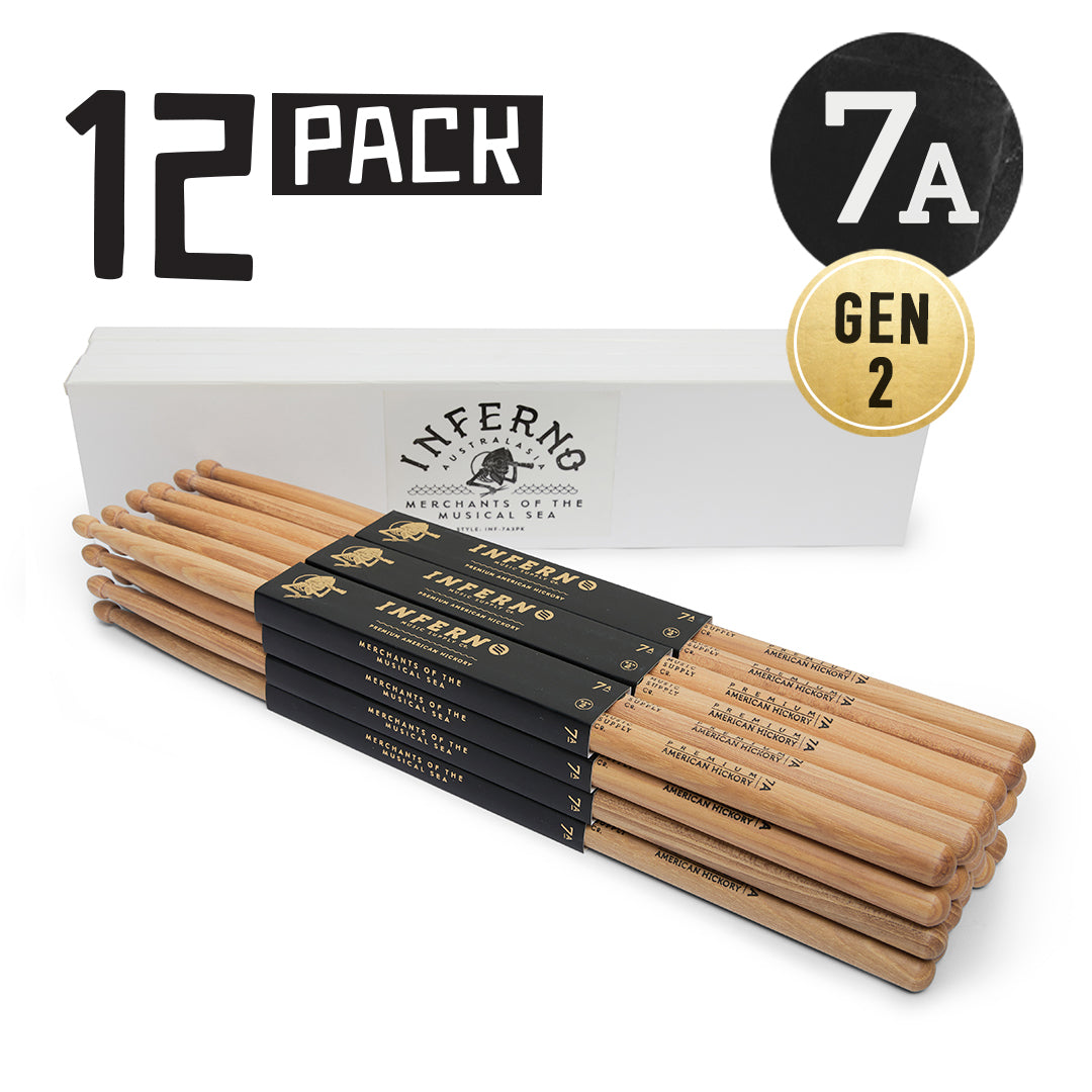 INFERNO MUSIC DRUMSTICKS 7A AMERICAN HICKORY 12 PACK GEN2 DRUMSTICKS