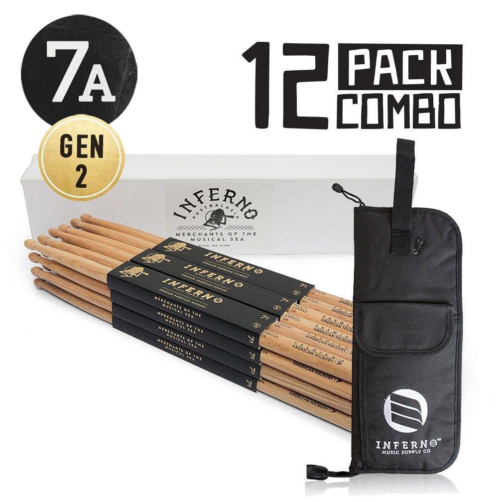 INFERNO MUSIC DRUMSTICKS 7A AMERICAN HICKORY 12 PACK DRUMSTICKS & PADDED BAG