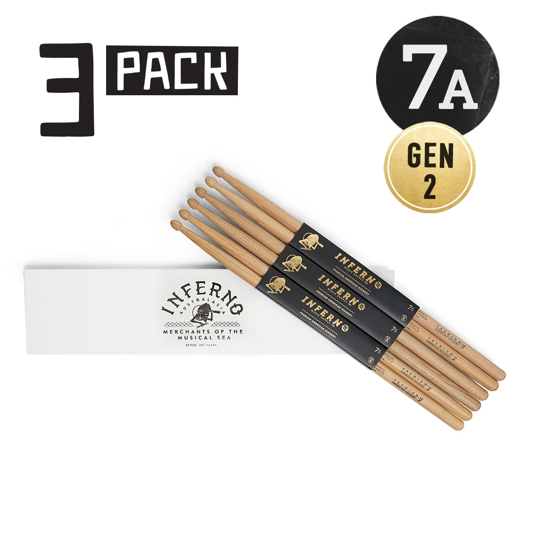 INFERNO MUSIC DRUMSTICKS 7A AMERICAN HICKORY 3 PACK GEN2 DRUMSTICKS