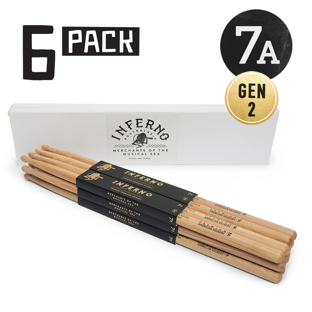 INFERNO MUSIC DRUMSTICKS 7A AMERICAN HICKORY 6 PACK GEN2 DRUMSTICKS