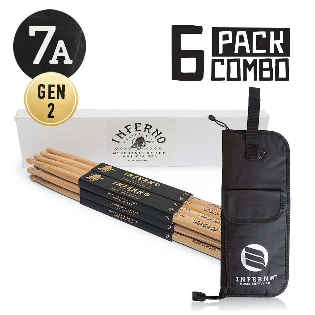 INFERNO MUSIC DRUMSTICKS 7A AMERICAN HICKORY 6 PACK DRUMSTICKS & PADDED BAG