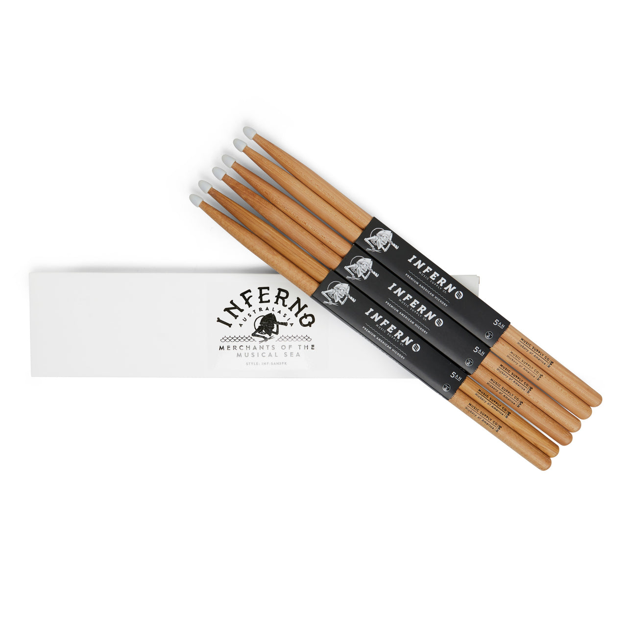 INFERNO MUSIC 5AN NYLON AMERICAN HICKORY 3 PACK GEN2 DRUMSTICKS