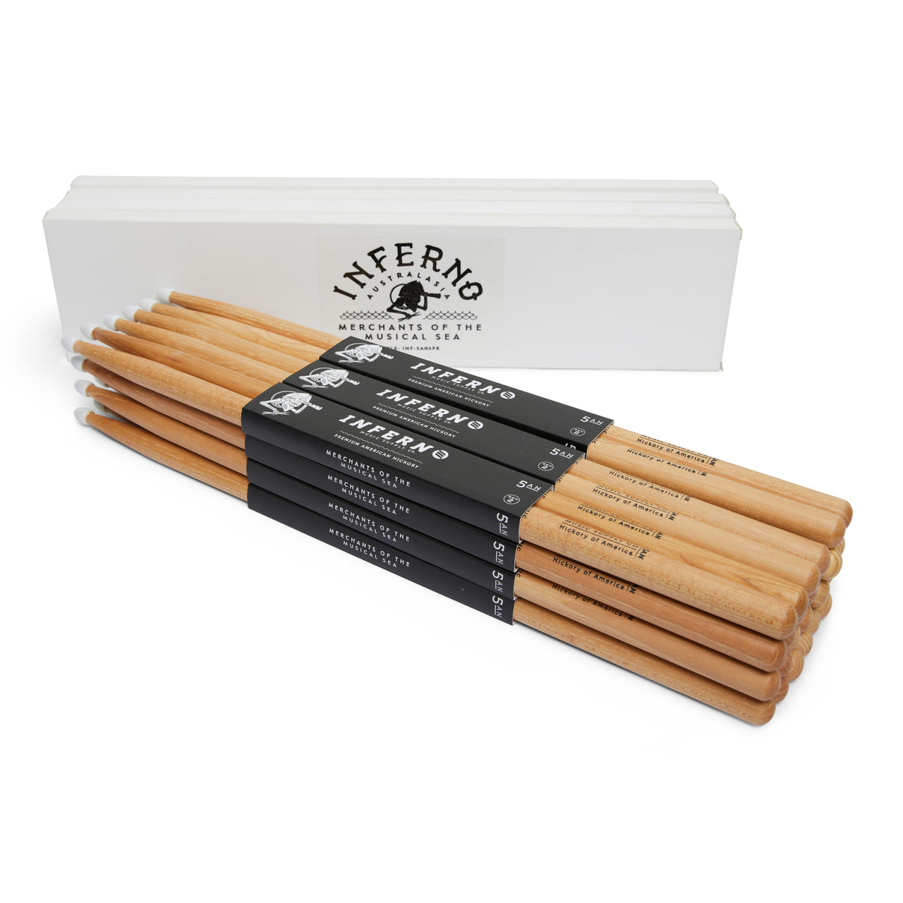 INFERNO MUSIC 5AN NYLON AMERICAN HICKORY 12 PACK GEN2 DRUMSTICKS