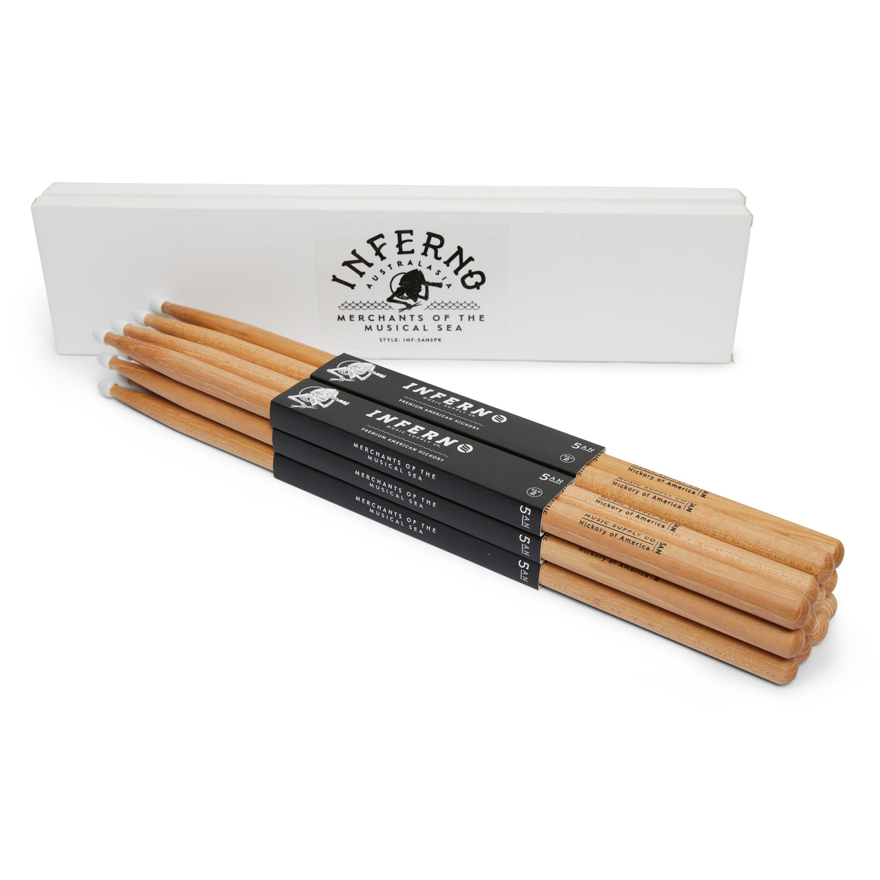 INFERNO MUSIC 5AN NYLON AMERICAN HICKORY 6 PACK GEN2 DRUMSTICKS