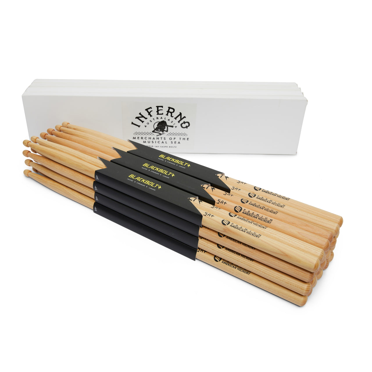 INFERNO MUSIC DRUMSTICKS 5A+ BLACK BOLTZ AMERICAN HICKORY 12 PACK & PADDED BAG