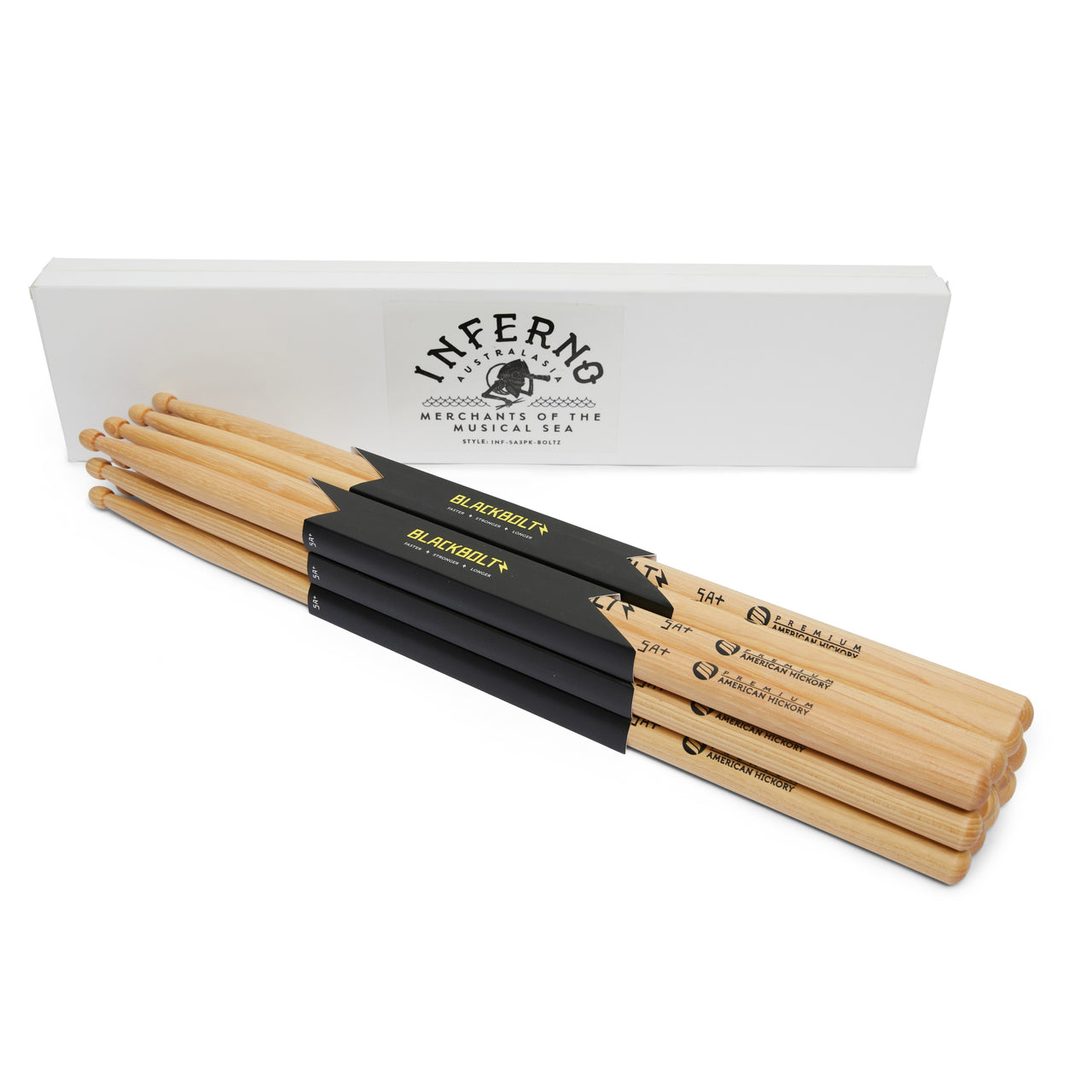 INFERNO MUSIC DRUMSTICKS 5A+ BLACK BOLTZ AMERICAN HICKORY 6 PACK & PADDED BAG