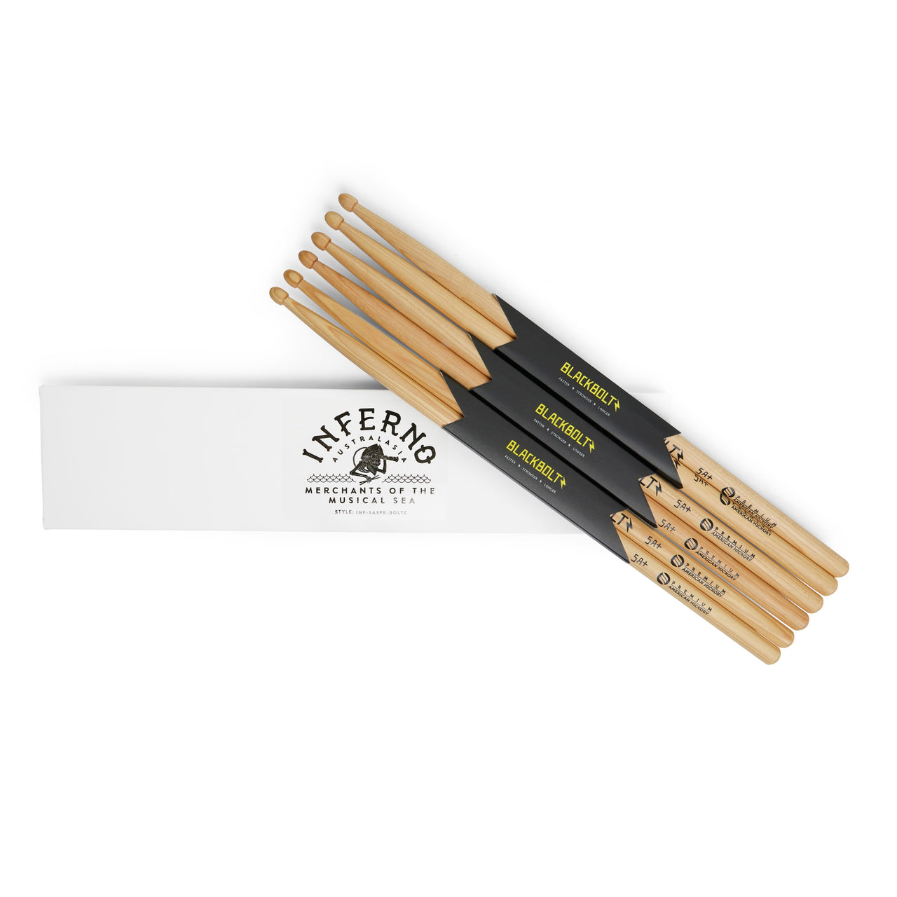 INFERNO MUSIC DRUMSTICKS 5A+ BLACK BOLTZ AMERICAN HICKORY 3 PACK DRUMSTICKS