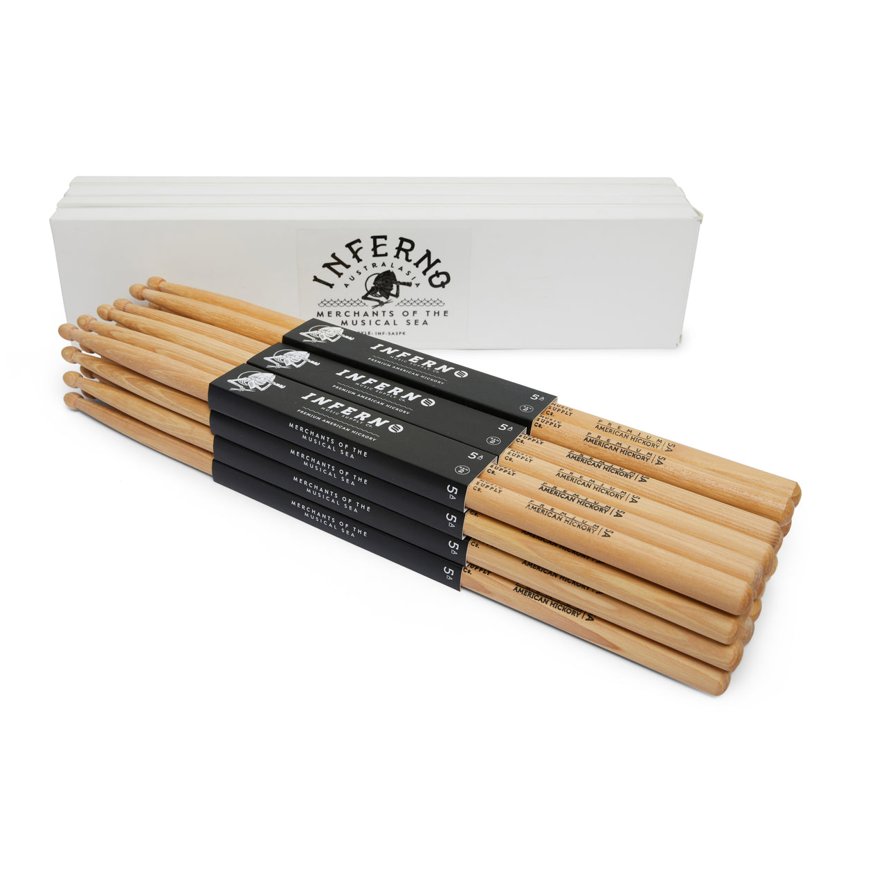 INFERNO MUSIC DRUMSTICKS 5A AMERICAN HICKORY 12 PACK DRUMSTICKS & PADDED BAG