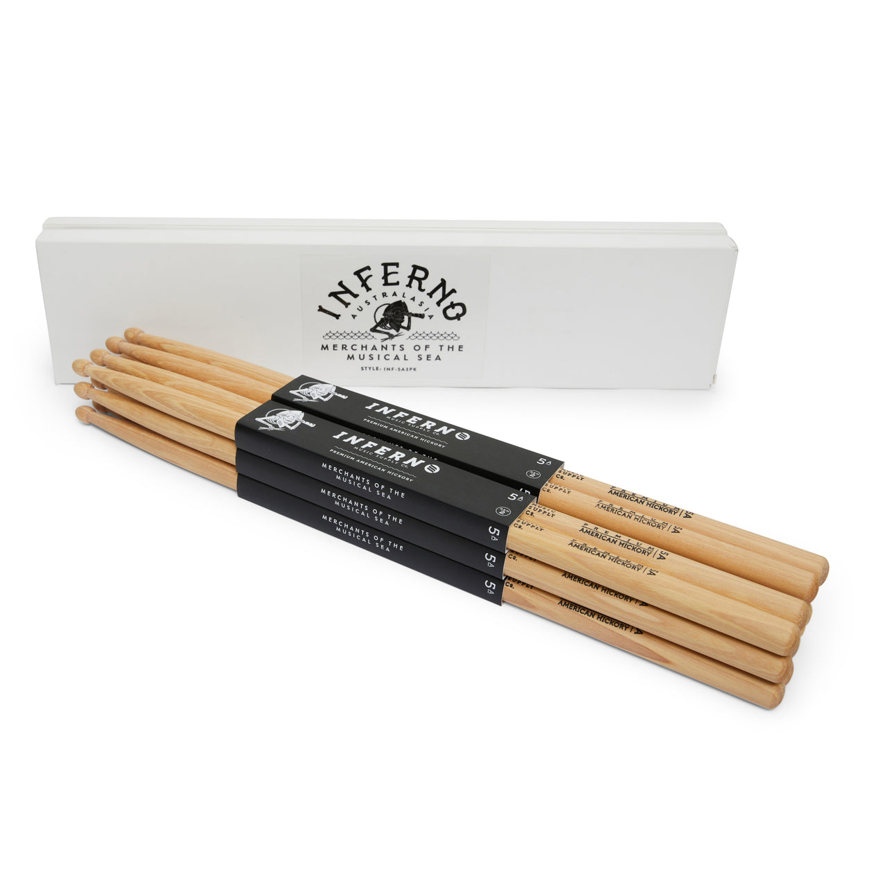 INFERNO MUSIC DRUMSTICKS 5A AMERICAN HICKORY 6 PACK DRUMSTICKS & PADDED BAG