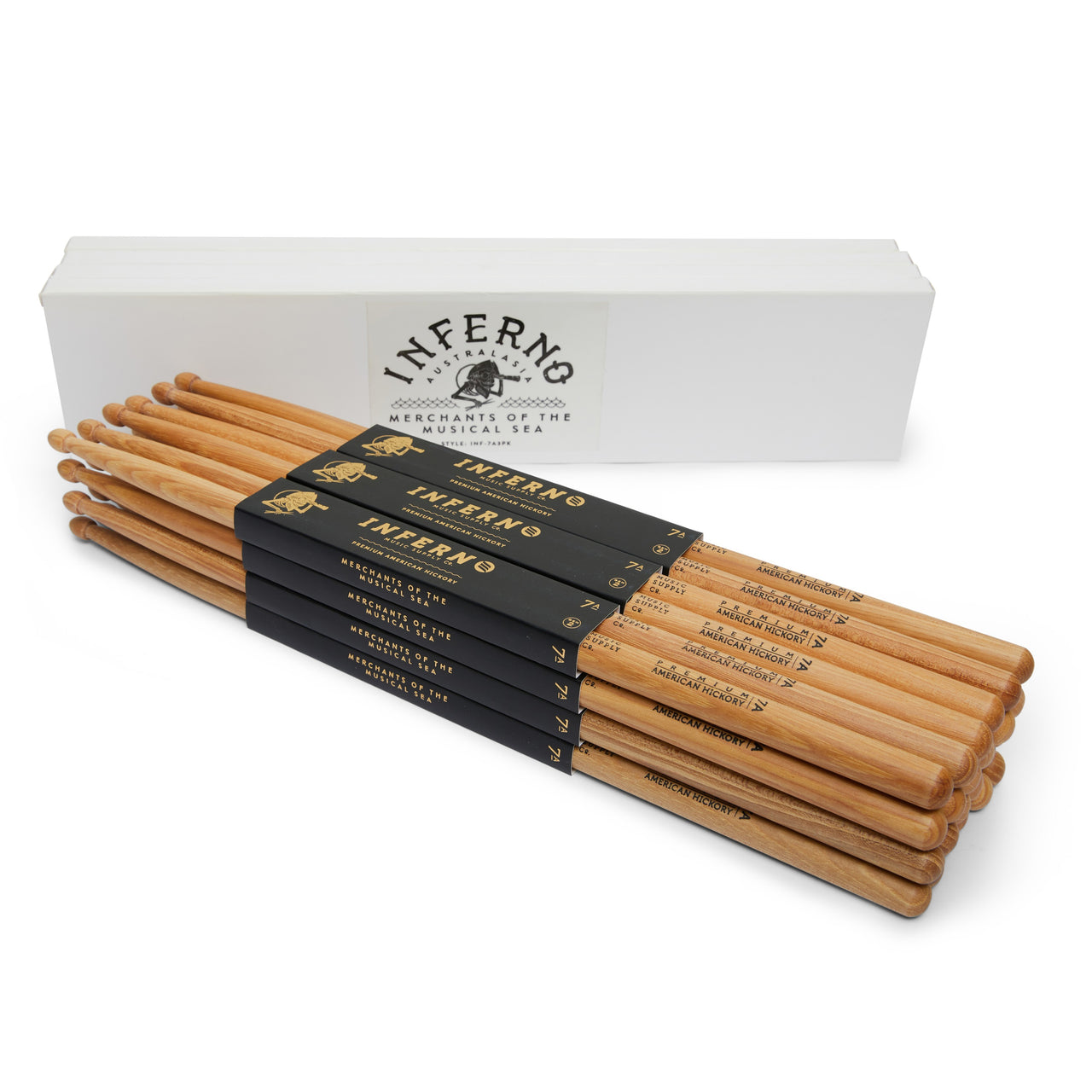 INFERNO MUSIC DRUMSTICKS 7A AMERICAN HICKORY 12 PACK GEN2 DRUMSTICKS