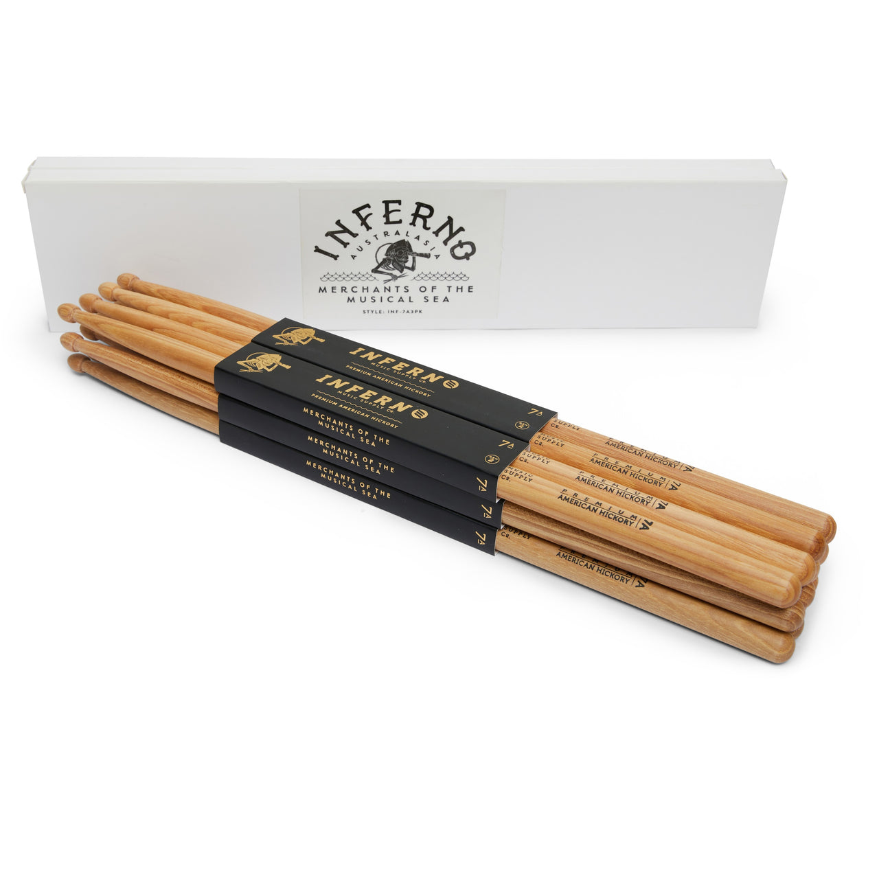 INFERNO MUSIC DRUMSTICKS 7A AMERICAN HICKORY 6 PACK DRUMSTICKS & PADDED BAG