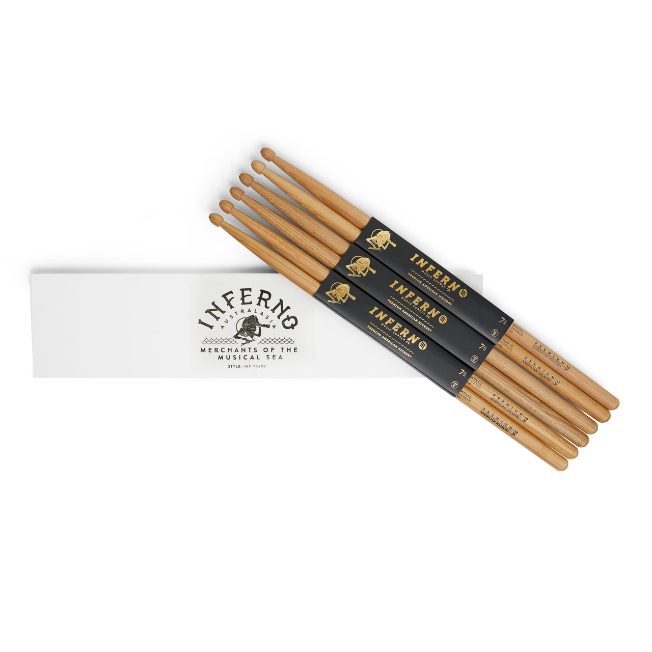 INFERNO MUSIC DRUMSTICKS 7A AMERICAN HICKORY 3 PACK GEN2 DRUMSTICKS