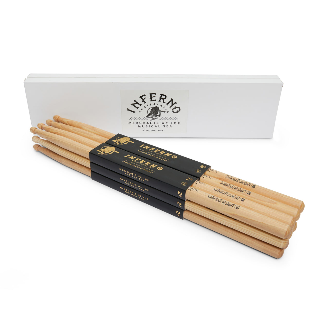 INFERNO MUSIC DRUMSTICKS 2B AMERICAN HICKORY 6 PACK DRUMSTICKS & PADDED BAG