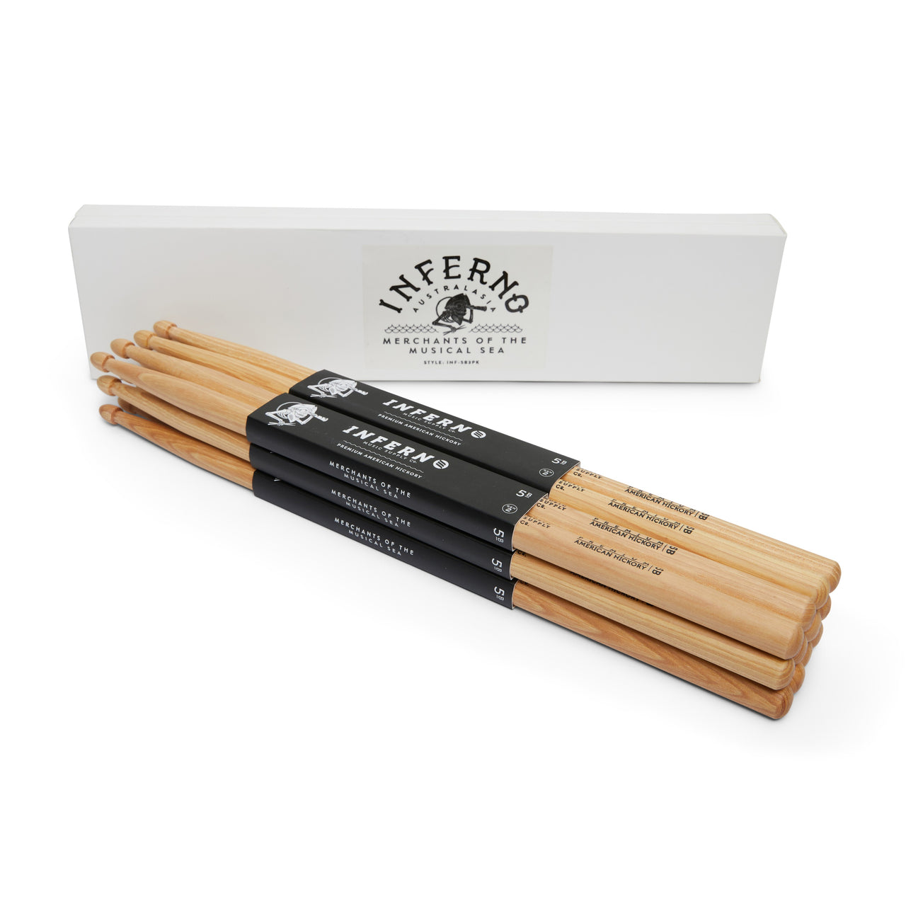 INFERNO MUSIC DRUMSTICKS 5B AMERICAN HICKORY 6 PACK DRUMSTICKS & PADDED BAG