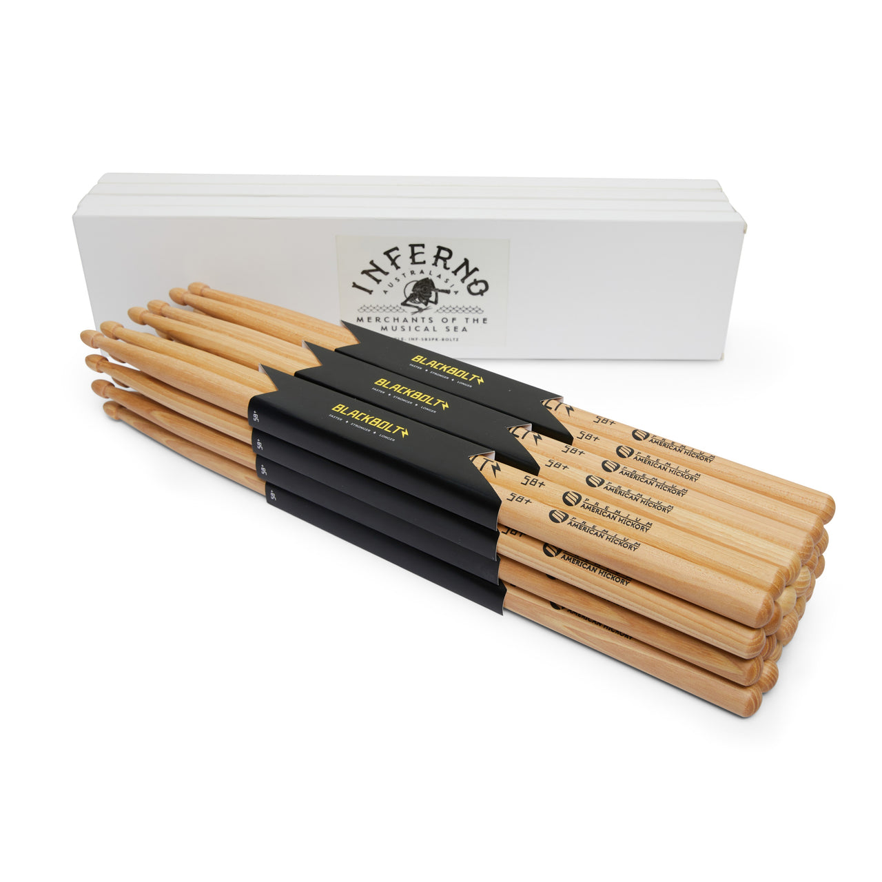 INFERNO MUSIC DRUMSTICKS 5B+ BLACK BOLTZ AMERICAN HICKORY 12 PACK & PADDED BAG