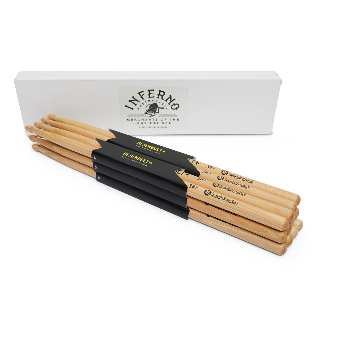 INFERNO MUSIC DRUMSTICKS 5B+ BLACK BOLTZ AMERICAN HICKORY 6 PACK & PADDED BAG