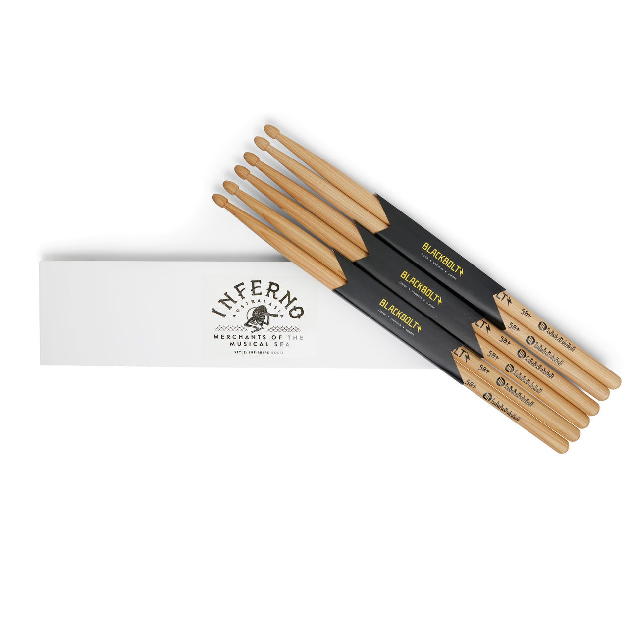 INFERNO MUSIC DRUMSTICKS 5B+ BLACK BOLTZ AMERICAN HICKORY 3 PACK DRUMSTICKS