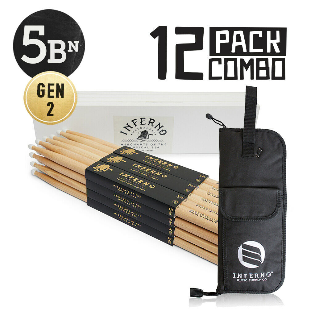 INFERNO MUSIC 5BN AMERICAN HICKORY 12 PACK GEN2 DRUMSTICKS & PADDED BAG