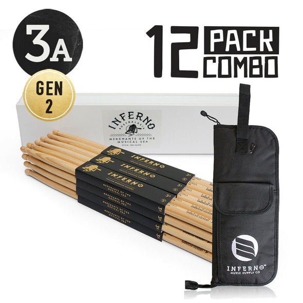 INFERNO MUSIC 3A A GRADE AMERICAN HICKORY 12 PACK GEN2 DRUMSTICKS & PADDED BAG