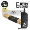 INFERNO MUSIC 3A A GRADE AMERICAN HICKORY 6 PACK GEN2 DRUMSTICKS & PADDED BAG