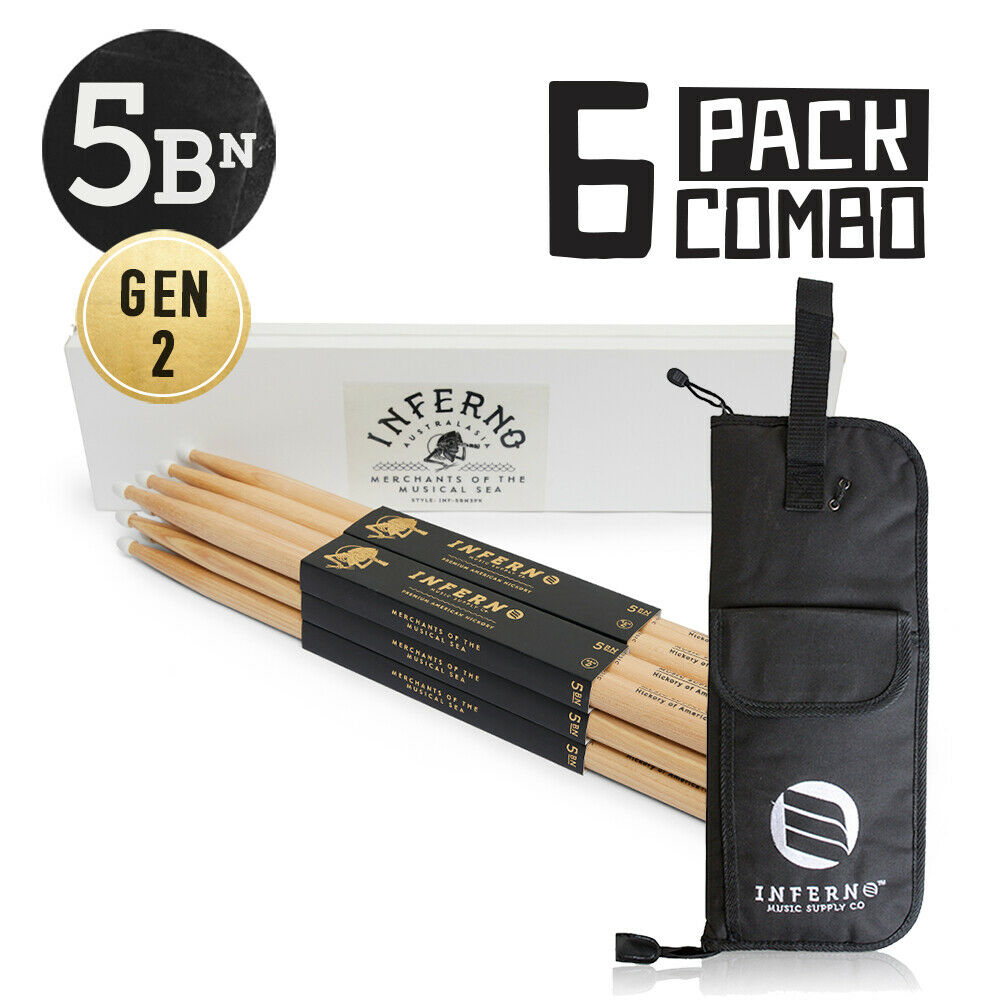 INFERNO MUSIC 5BN AMERICAN HICKORY 6 PACK GEN2 DRUMSTICKS & PADDED BAG